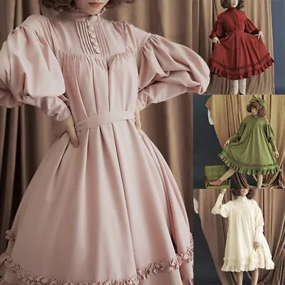 Vintage Gothic Lolita Dress Women Loose Puff Sleeve Pure Color Princess Dresses‹ • $21.89