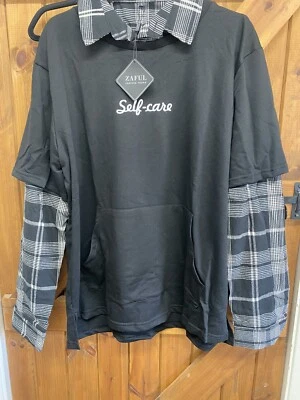 $18.30 • Buy BNWT - Zaful Black Built In Check Shirt With Self Care Logo - Large (Item 209)