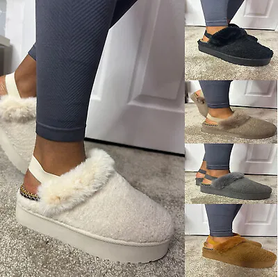 Womens Ladies Comfy Fluffy Faux Fur Platform Slippers Mules Shoes Size • £11.99