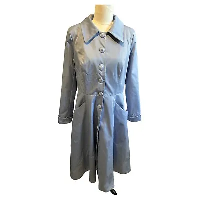 Collectif 'Zara' Full Skirt Vintage Style Swing Trenchcoat Blue - Size L (12/14) • $45