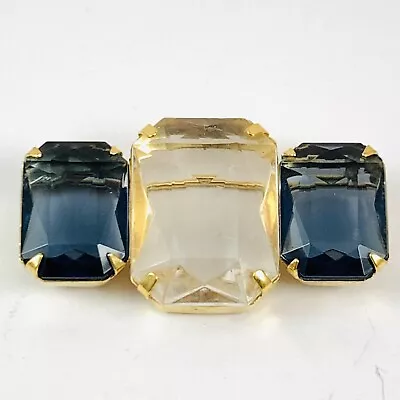 Vintage Gold Tone Avon Clear & Blue Faceted Acrylic Bar Brooch Pin • $14.99