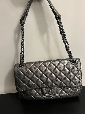 Chanel Preloved Classic Flap Bag Silver Perforated Leather Chain Strap SHW CC • £1695