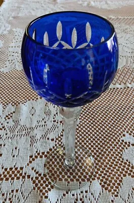 Cut To Clear Czech Wine Glass Hock Cobalt Blue Bohemian Faceted Stemmed Vintage • $30