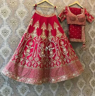 $63.49 • Buy Wedding Red Silk Lehenga Choli Indian Party Silk Lengha Chunri Dress Sari Saree