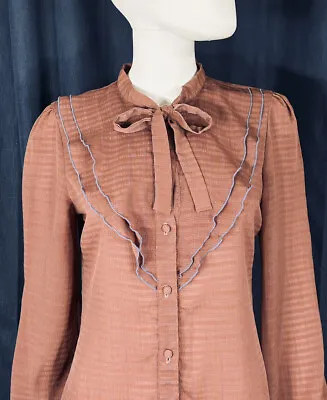 Vtg 70s Brown Victorian Ruffle Pinstriped Bow Long Sleeve Button Blouse • $36.88