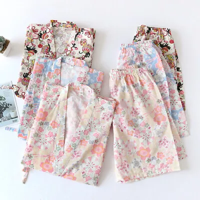 Japanese Kimono Pajamas Set Gauze Cotton Sleepwear Sakura Yukata Sauna Suit • $54.59