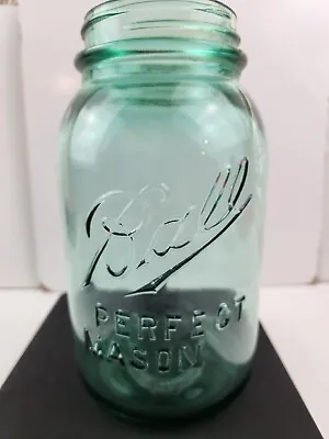 Ball Jar Perfect Mason Off Center #5 RARE 1913-15 Vintage Blue Green • $109