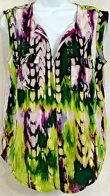 MOSSIMO Sleeveless V-Neck Dressy Blouse Top Size M Bright Watercolor Graphics • $10.13