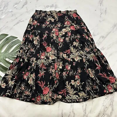 1601 Womens Vintage 90s Tiered Maxi Skirt Size M Black Red Floral Crinkle • $22.39