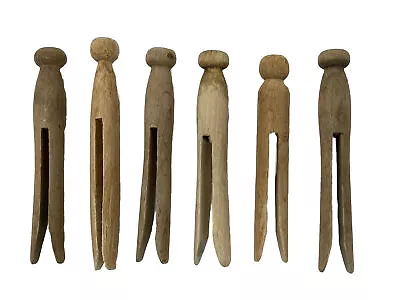 Vintage 60s 70s Wooden Clothes Pins Round Head Flat Top Wood Lot Of 6 • $9.99