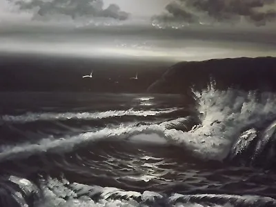 £18.95 • Buy Black White Large Oil Painting Canvas Seascape Ocean Sunset Sea Wave Original