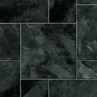 £44.99 • Buy Black Slate Tile Effect Vinyl Flooring Slip Resistant Lino Roll Kitchen Bathroom
