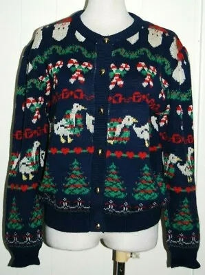 VTG Touchy Subject Christmas Tree Candy Cane Duck Santa Cardigan Sweater Large • £18.33