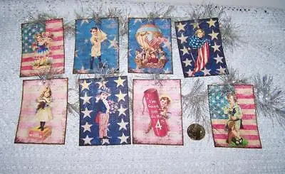 8~Vintage~4th Of July~Patriotic~Glitter~Linen Cardstock~Gift~Hang~Tags • $11.50