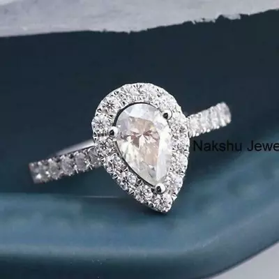 2Ct Pear Moissanite Halo Engagement Ring Tear Drop Ring 14K White Gold • $424