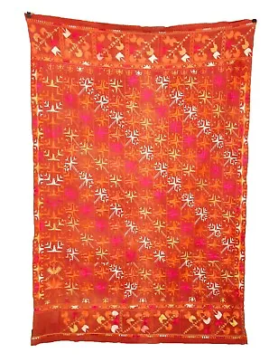 Authentic Vintage Indian From Punjab Phulkari Floss Hand Embroidered Bagh Shawl • $140