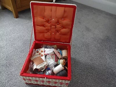 Vintage Sewing Basket With Contents Woven Plastic & Wood Vintage Haberdashery • £24