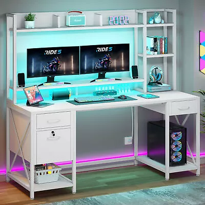 59  Gaming Desk With LED Lights And Hutch Computer Desk With Power Outlets White • $172.99