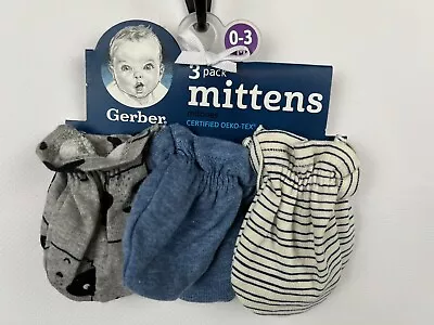 New Gerber 3 Pack Baby Boy No Scratch Mittens Gloves 0-3 Months Raccoon Blue • $9.87