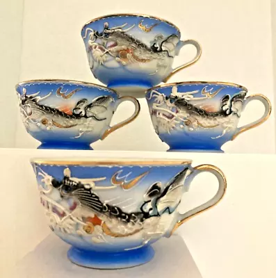 (4) FOUR Vintage BLUE  DRAGONWARE  Moriage GOLD HANDLED Teacups HAND PAINTED • $18.99