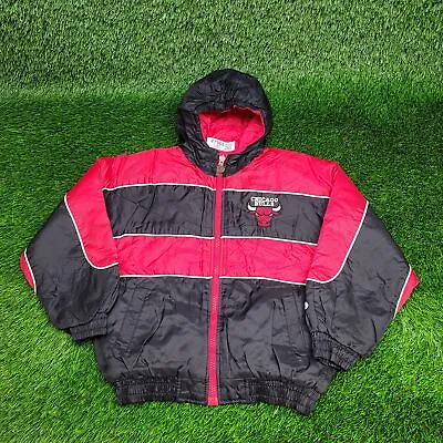 Vintage 90s Chicago Bulls Jacket Teens L 14-16 Hooded Red Black Michael Jordan • $11.55