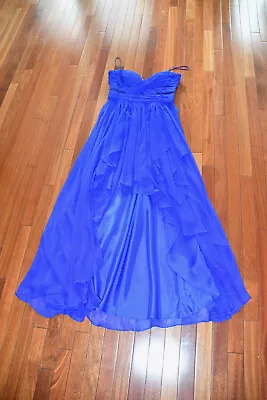 90s Cache Blue Silk Mesh Cutout Spaghetti Strap Party Prom Dress Sz 12 L Hi Low • $19.99