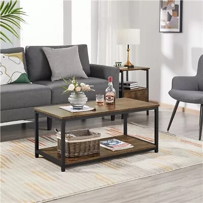 Industrial Coffee Table With Storage Shelf For Living Room Wood Accent Furniture • $69.99