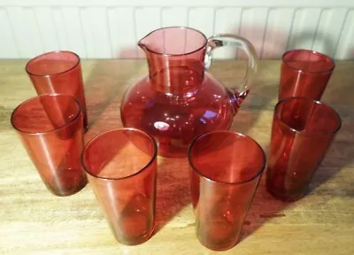 £24.99 • Buy Victorian Cranberry Glass Jug & 6 Beakers