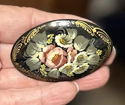 Vintage Russian Hand Painted Flower Brooch Pin Signed  • $12