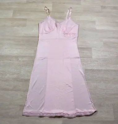 $11.82 • Buy 60s Pink Nylon Full Slip Floral Embroidery  VTG 1960s Pinup Lingerie Feminine