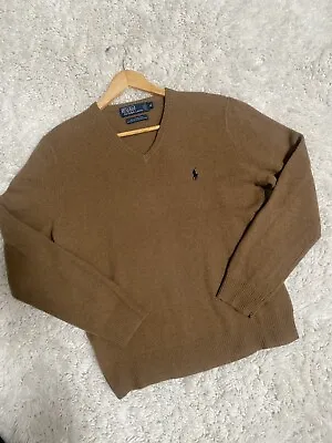 Polo By Ralph Lauren 100% Lambswool Men’s Sz M V-Neck Pullover Sweater Camel/Tan • $21.99