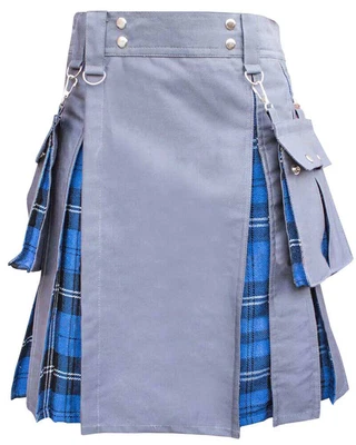 $70 • Buy Grey Hybrid Kilt With Ramsay Tartan Pleats Utility Kilts For Men Size 28  To 52 