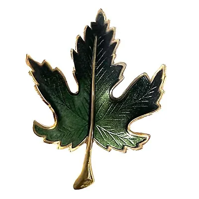 VTG Brooch Pin Maple Leaf Enamel Green Sheen Gold Tone Art Nouveau • $10.99