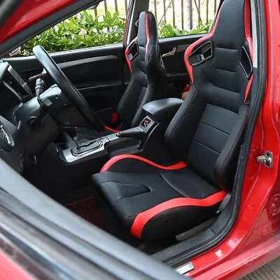 2Pcs Universal Reclinable Racing Seats Black & Red PVC Leather Bucket Seats • $369.99