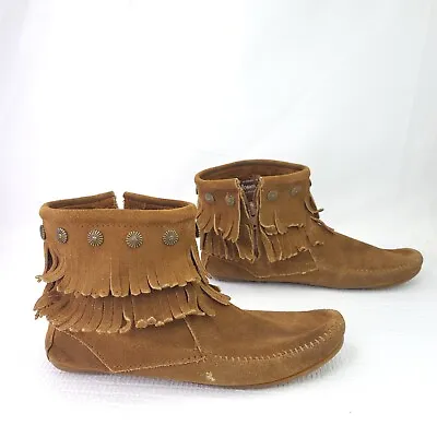Minnetonka Brown Leather Moccasins Booties Fringe Ankle Boots Shoes Size 8.5 • $24.65