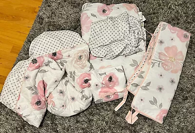 Sweet JoJo Watercolor Floral Pink And Grey 4 Piece Bumperless Crib Bedding • $65