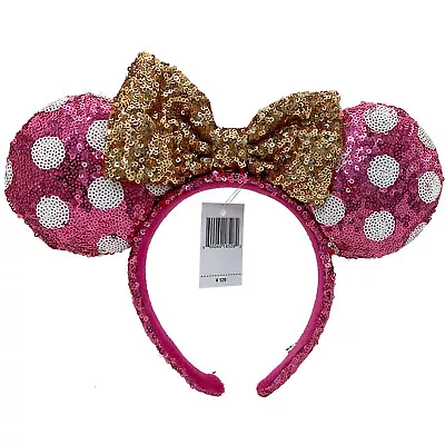 2022 Disney Parks Minnie Mouse Ears Sequin Pink Polka Dot Gold Bow Headband NEW • $16.90