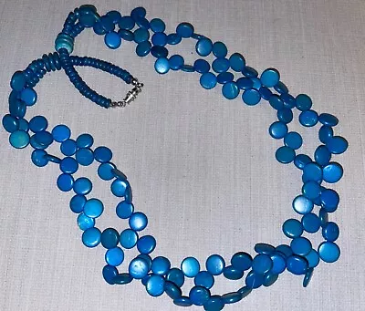 Vintage Flat Blue Wood Beads Double Strand Necklace • $8