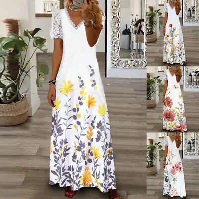 Plus Size Women Lace Boho Long Maxi Dress Ladies Floral V Neck Holiday Sundress • $27.49