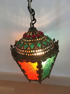Vtg MCM Brass Regency Moroccan Hanging Lamp Fixture Multi Color Panel Lantern • $595