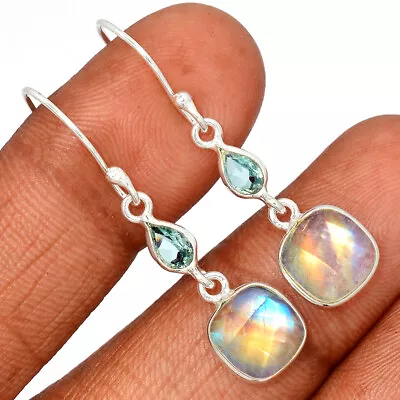 Natural Rainbow Moonstone - India & Blue Topaz 925 Silver Earrings CE28593 • $10.99