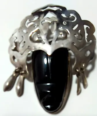 Mayan Tribal Chief Black Onyx Sterling Headdress Mask 2 3/8 Inch Brooch • $59.99