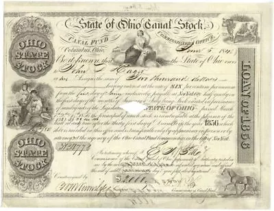 State Of Ohio Canal Stock - 1848 Dated Ohio Canal Stock Certificate - Animals On • $185