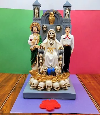 Santa Muerte Statue With Jesus Malverde & San Judas White Grim Reaper Sitting  • $90.09