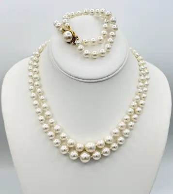 Vintage Two Strand Hand Knotted Faux Pearl Necklace Bracelet Set • $26