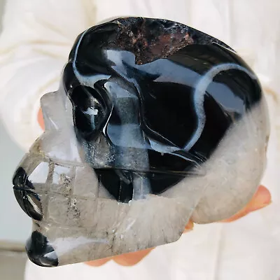 2LB Natural Black Striped Agate Quartz Crystal Skull Carving Healing P305 • $0.99