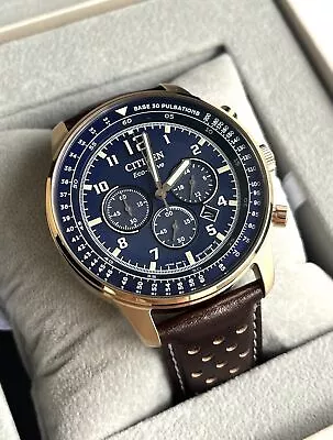 New! Citizen EcoDrive Watch CA4503-18L Chronograph Blue Dial Brown Leather Strap • $555.64