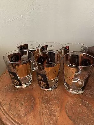 6 Vintage Cera Black & 22K Gold Coin Double Old Fashioned Lowball Glasses • $35