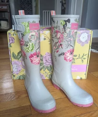 Joules Welly Print Grey Floral Rubber Knee High Tall Rain Boots Size 7 • $45