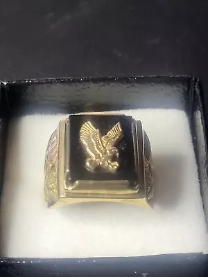 Vintage Black Onyx Eagle & Grape Leaf Accented 10k Black Hills Gold Mens Ring • $385